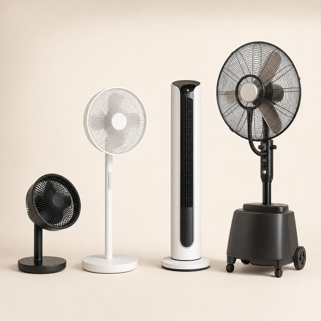 Unbranded desk, pedestal, tower and mist fan examples